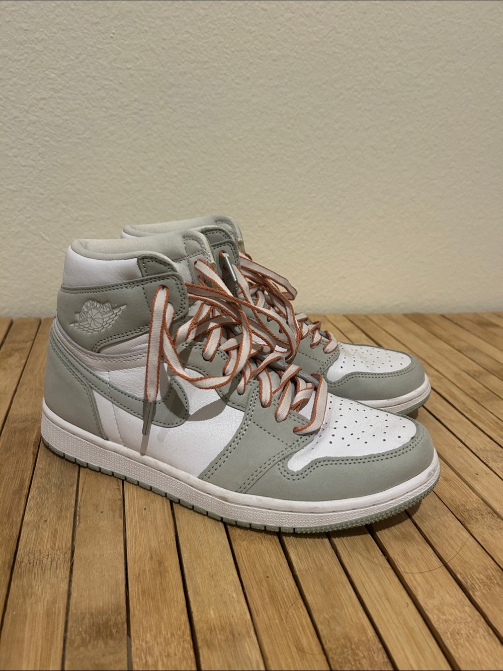 Jordan High-Top Sneakers in Light Gray, White and Brown Laces